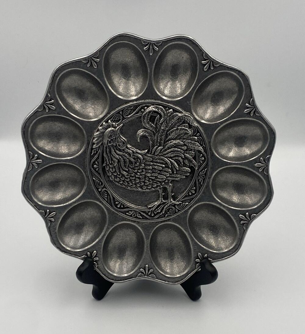 Vintage Ganson Pewter Rooster Design Egg Serving Plate Tray Pewter Plate